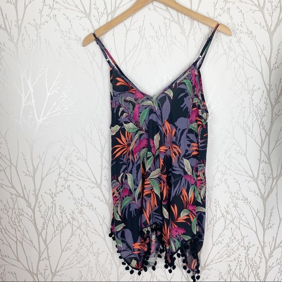 JAPNA Spaghetti Strap Floral Tank Top Pom Pom Trim - Picture 7 of 10